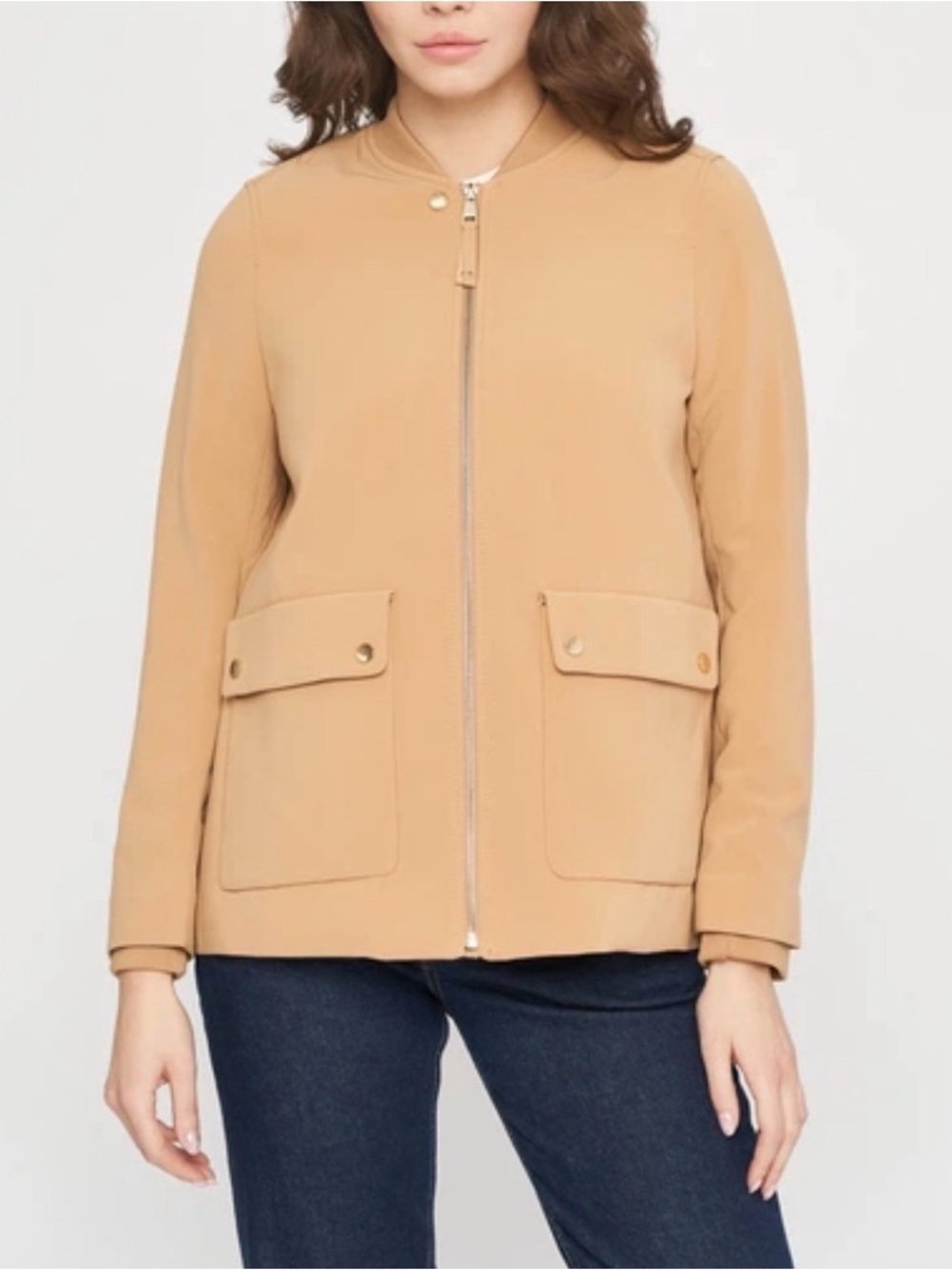 H&M camel colored zip up bomber jacket with gold hardware 4